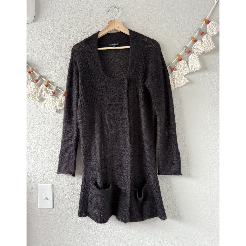 Eileen Fisher Mohair Wool Open Knit Snap Button Longline Cardigan Deep Purple S